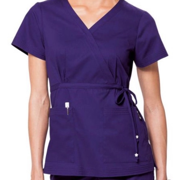 💰3 items for $25 🏷 Koi by Kathy Peterson Purple Katelyn Mock Wrap Top sz Small - Picture 1 of 8